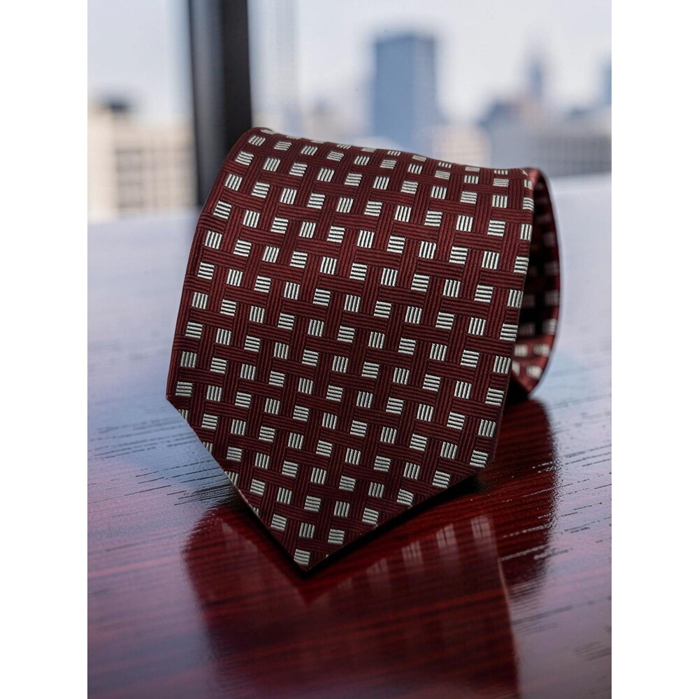 Lauren Ralph Lauren Tie Men’s Red Silver Geometric 100% Silk 57.5 "x 3.75"